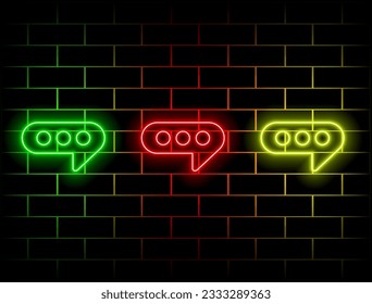 Glowing gold neon speech bubble sign. Electric light rectangle frame isolated on dark background with fog. Vector yellow design element. Green, red, yellow, pink, blue and orange.