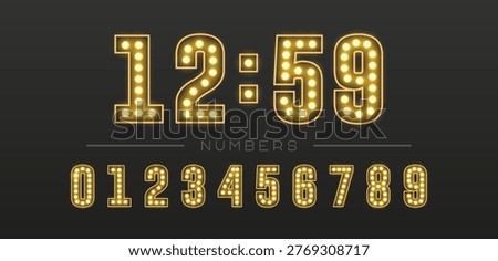Glowing gold numbers with light bulbs, retro neon typography for countdown timer, clocks and digital display