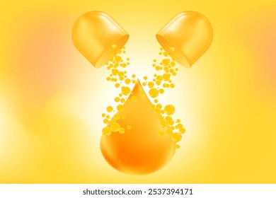 A gota de óleo de ouro brilhante com bolhas brilhantes que fluem de cápsula 3D aberta. Nutrição saudável, fundo de suplemento com espaço de cópia. Omega 3 óleo de peixe, vitamina E, D3, ilustração vetor de extrato de cânhamo.