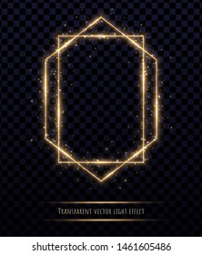 Glowing gold polygonal frame with light effects isolated on transparent background. Shining multangular border with glowing sparkles.