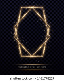 Glowing gold polygonal frame with light effects isolated on transparent background. Shining  border with glowing sparkles.