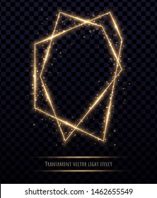 Glowing gold polygonal frame with light effects isolated on transparent background. Shining multangular border with glowing sparkles.