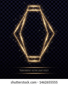 Glowing gold polygonal frame with light effects isolated on transparent background. Shining multangular border with glowing sparkles.