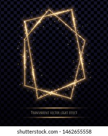 Glowing gold polygonal frame with light effects isolated on transparent background. Shining multangular border with glowing sparkles.