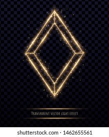 Glowing gold polygonal frame with light effects isolated on transparent background. Shining multangular border with glowing sparkles.