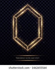 Glowing gold polygonal frame with light effects isolated on transparent background. Shining multangular border with glowing sparkles.
