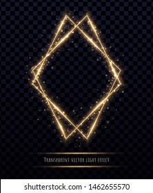 Glowing gold polygonal frame with light effects isolated on transparent background. Shining multangular border with glowing sparkles.