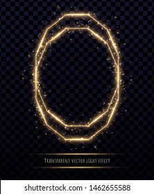 Glowing gold polygonal frame with light effects isolated on transparent background. Shining multangular border with glowing sparkles.