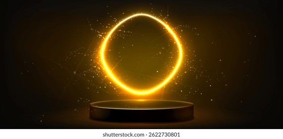 Glowing gold ring podium - sparkling circular stage illuminated by bright yellow light. Shimmering glitter particles, shiny dust glisten. Glamorous award ceremony, luxury event 3d background.