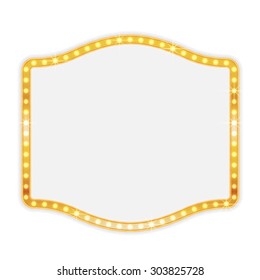 Glowing gold shining retro light banner on white background. Retro vintage frame vector illustration