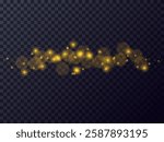 Glowing gold sparkles and bokeh in the shape of a horizontal line. Vector illustration on transparent background