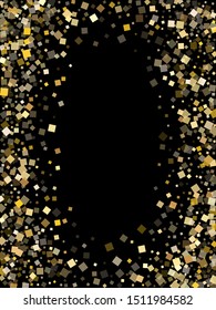 Glowing gold square confetti tinsels scatter on black. Shiny holiday vector sequins background. Gold foil confetti party particles isolated. Rhombus particles surprise backdrop.