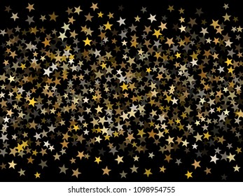 Glowing gold star dust sparkle vector background. Glitter stardust confetti, shining sparkles pattern design on dark. Glowing gold stars vector, tinsel lights background. Card backdrop.