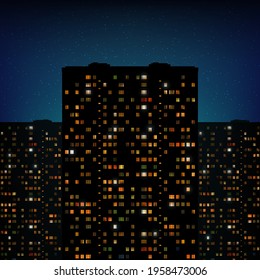 Glowing gold windows of buildings, stars in night sky. View from window on city night landscape. Light of windows in tall buildings, starry sky. Abstract background, wallpaper. Vector illustration