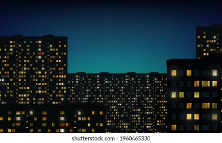 Glowing gold windows of buildings, stars in night sky. View from window on city night landscape. Light of windows in tall buildings, starry sky. Abstract background, wallpaper. Vector illustration