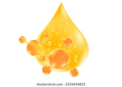 Glowing golden 3d hair oil drop or liquid collagen droplet molecule formula, isolated PNG, transparent background. Hyaluronic acid serum formula wallpaper with copy space. Beauty treatment, cosmetics