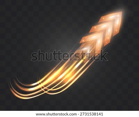 Glowing golden arrow light trails with sparkling particles on a transparent dark background, symbolizing speed, direction, energy, progress, and dynamic motion.