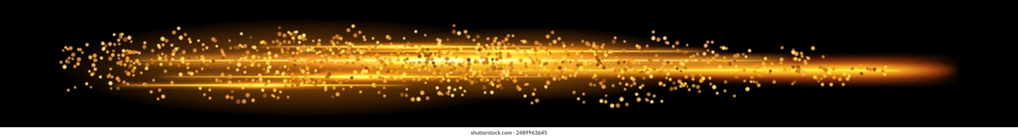 Glühender goldener Strahl, Neonlichteffekt, glitzernder Weg. Leuchtender Stock mit fliegenden Funkeln. Magie und Technik. Isoliertes Element auf transparentem Hintergrund. Vektorillustration