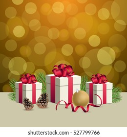 Glowing golden bokeh background and christmas gift boxes with decorations