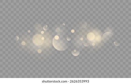 Glowing golden bokeh lights with sparkle dust, bright flare, and festive shimmer on transparent background — perfect for xmas cards, luxury decor, or celebration designs