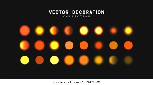 Glowing golden bokeh lights. Sparkles vibrant blurry round dots glow texture. Set of design elements.