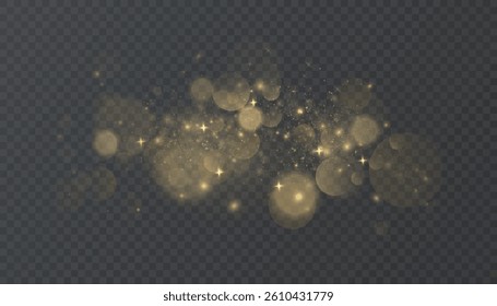 Glowing golden bokeh lights and sparkles on transparent background. Ideal for festive designs, holiday decorations, wedding invitations, or magical visual effects in digital projects.

