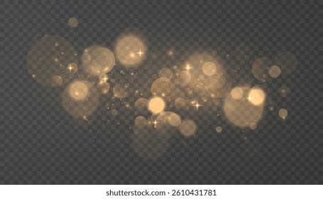 Glowing golden bokeh lights and sparkles on transparent background. Ideal for festive designs, holiday decorations, wedding invitations, or magical visual effects in digital projects.

