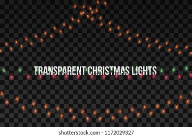 Glowing golden Christmas garlands. Party lights decorations isolated on transparent background. 