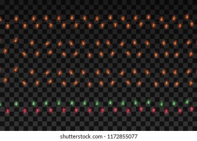 Glowing golden Christmas garlands. Party lights decorations isolated on transparent background. 