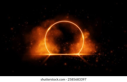 A glowing golden circle emits radiant light and mist, surrounded by sparkles and a reflective surface, set against a dark cosmic background.