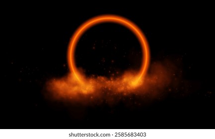 A glowing golden circle emits radiant light and mist, surrounded by sparkles and a reflective surface, set against a dark cosmic background.