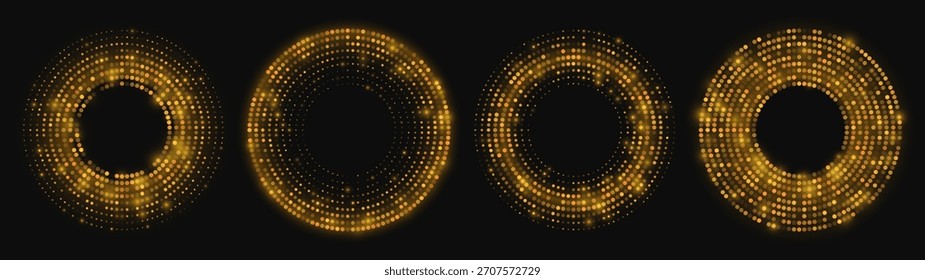 Efeitos de Luz de Círculo Dourado Brilhante com Pontos Brilhantes no Fundo Escuro. Anéis Espumantes de Meio-Tom de Luxo. Decoração de Natal Ilustração Vetor.
