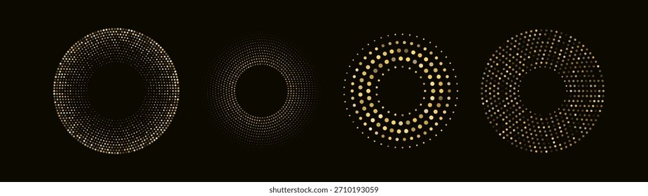 Efectos de luz de círculo dorado brillante con puntos brillantes sobre fondo oscuro.