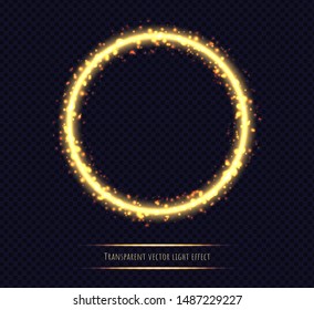 Marco circular dorado brillante con efectos luminosos. Espléndido redondo aislado sobre fondo transparente. Llama de fuego con partículas. Ilustración vectorial neón.