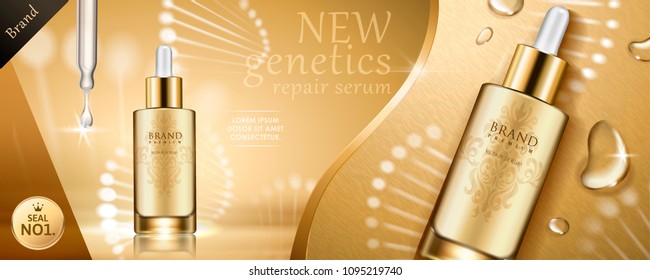 Glowing golden color tone droplet bottle with essence on glossy background with gene model in 3d illustration