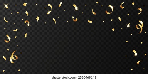 Glowing Golden Confetti Frame, Gold Ribbon, Christmas, New Year, Serpentine, Shiny Border, Golden Sparkles, Abstract Background, Border, Celebrate, Presentation, Vector Illustration