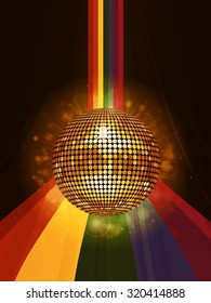 Glowing Golden Disco Ball Over Rainbow Background