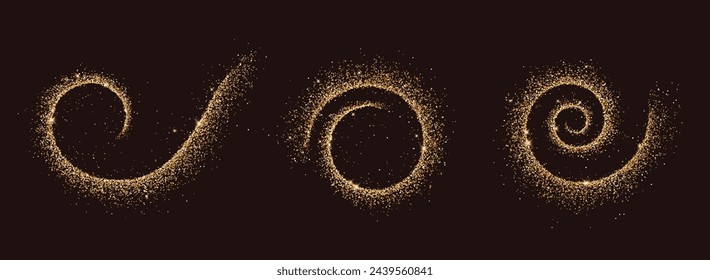 Glowing golden glitter trails realistic vector illustration set. Magic ornaments of shining dust 3d elements on black background collection