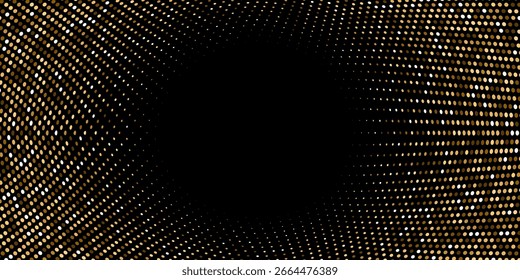Glowing golden halftone dot background. Bright circular lights grid on dark. Futuristic vibrant texture pattern. Geometric minimal digital design. Vector illustration.