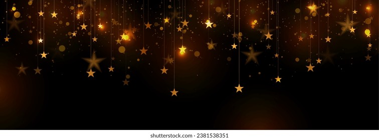 Glowing golden hanging stars and shiny particles abstract background. New Year and Christmas vector graphic banner design