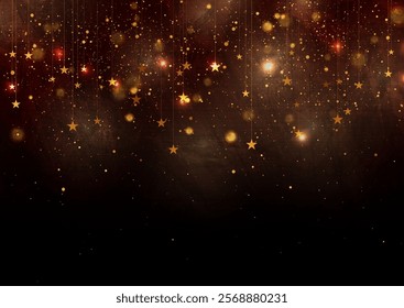 Glowing golden hanging stars and shiny particles abstract grunge background. New Year and Christmas bokeh lights vector graphic design