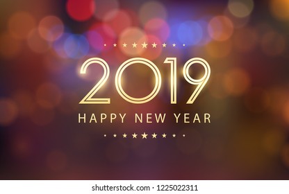 glowing golden happy new year 2019 with bokeh and lens flare pattern in vintage orange color background