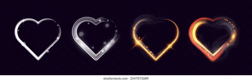 Glowing golden heart shape with light trails, sparkles, and smoky effects on dark transparent background, perfect for romantic, festive, or Valentine's Day themes.