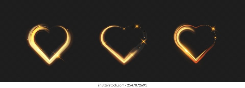Glowing golden heart shape with light trails, sparkles, and smoky effects on dark transparent background, perfect for romantic, festive, or Valentine's Day themes.