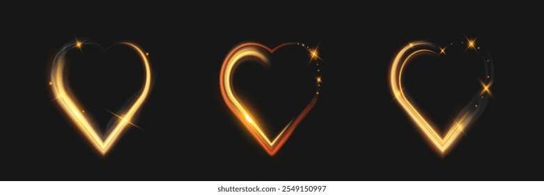 	
Forma de corazón dorado brillante con rastros de luz, destellos y efectos ahumados sobre fondo transparente oscuro, perfecto para temas románticos, festivos o de San Valentín.	