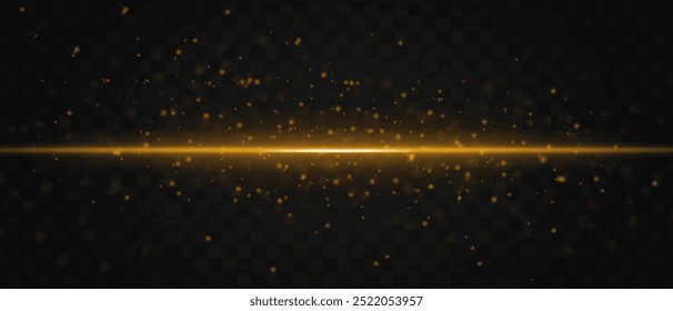 Glowing golden laser beam horizontally with sparkling particles across a dark transparent background, creating a futuristic and high-tech visual effect. Neon flare, laser lines of light