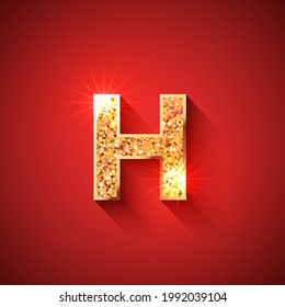 Glowing Golden Letter H on red colored background. English alphabet. For decoration of any holidays, sale offers, birthday, new year, christmas or casino designs.