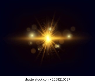Glowing golden light burst with lens flare and bokeh effects on a dark background. Radiant starburst suitable for festive, cosmic, or energy-themed designs.