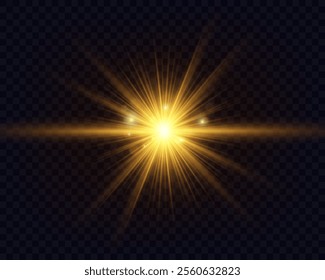 Glowing golden light burst with lens flare and bokeh effects on a dark background. Radiant starburst suitable for festive, cosmic, or energy-themed designs.