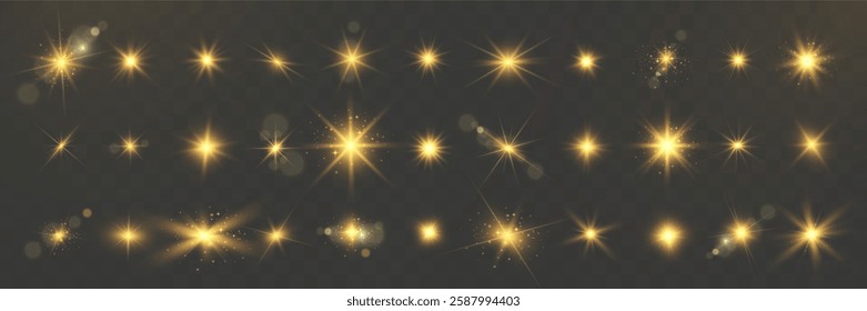 Glowing golden light effects, sparkling starbursts, bright lens flares, magical glitter, bokeh illumination, twinkling lights, transparent overlay, festive decoration, radiant shine, fantasy sparkles.